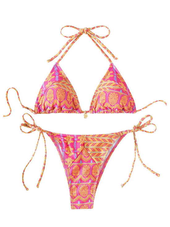 High Rise Sexy Halter Bikini Set in Pink and Orange
