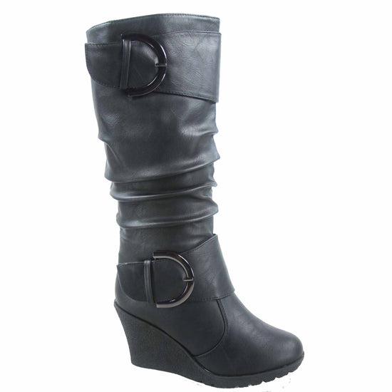 Pure-65 Round Toe Buckle Wedge Boots
